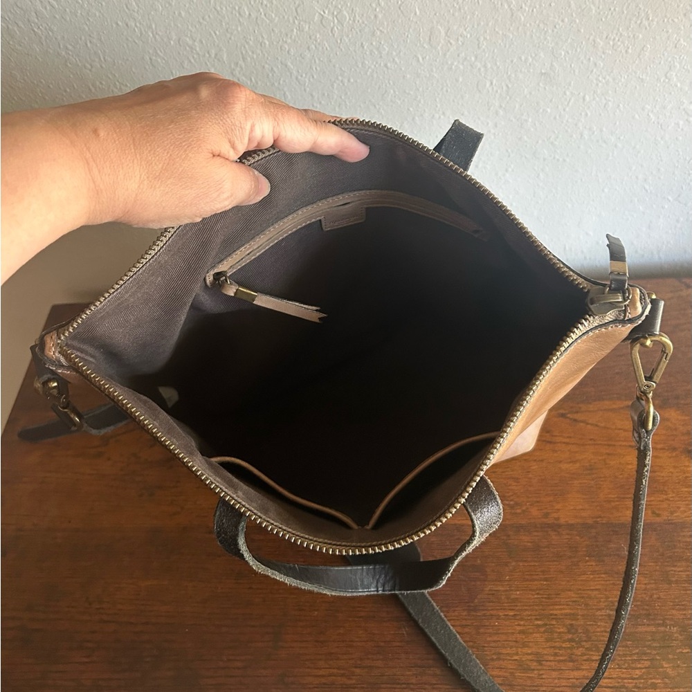 Madewell Black Stripe Brown Leather Medium Tote Crossbody Purse Preppy Old Money - Picture 9 of 11